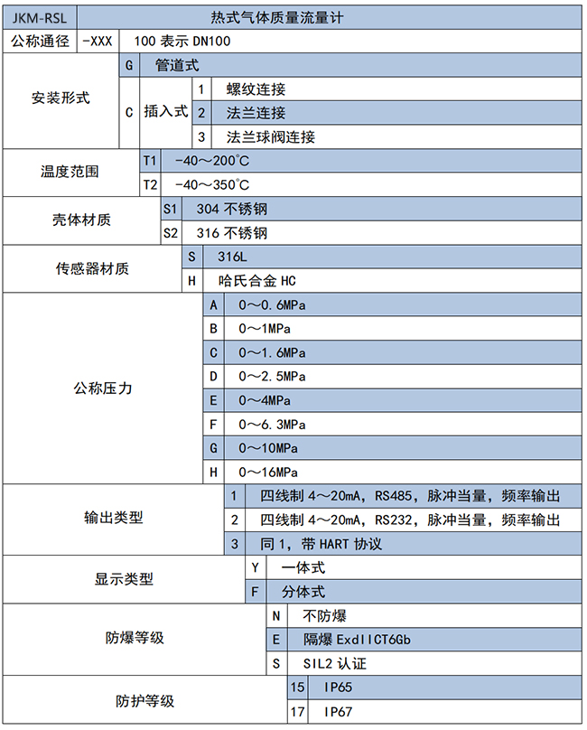 DN125熱式氣體質(zhì)量流量計(jì)選項(xiàng)表